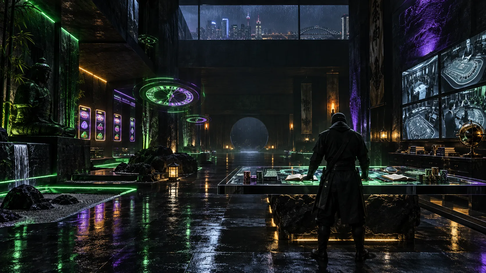 Futuristic neon casino research dojo